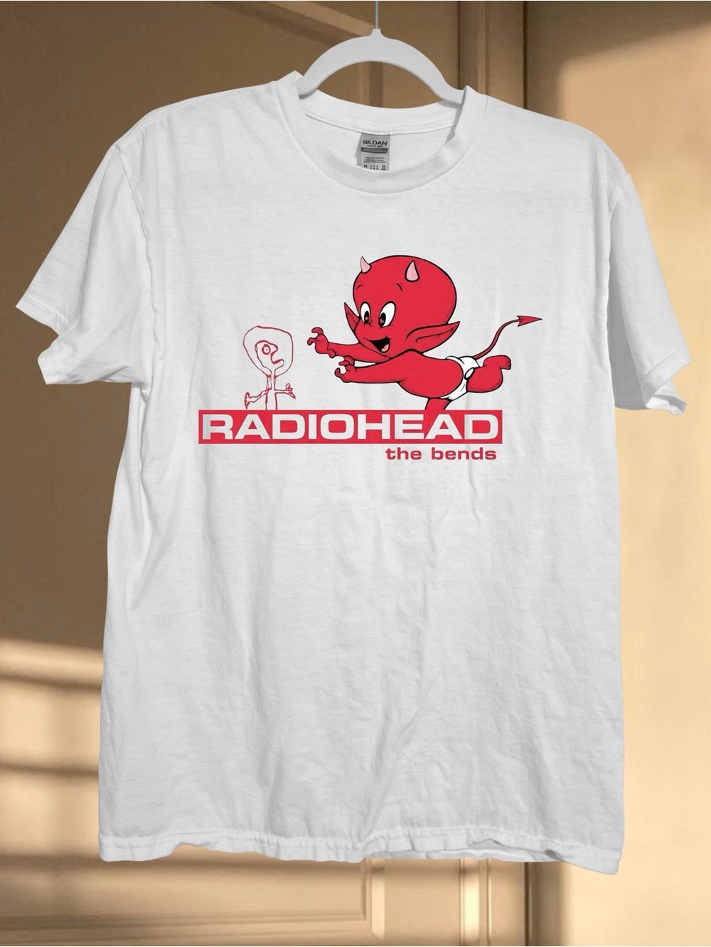 Gildan White Tee with Red Radiohead Devil Graphic
